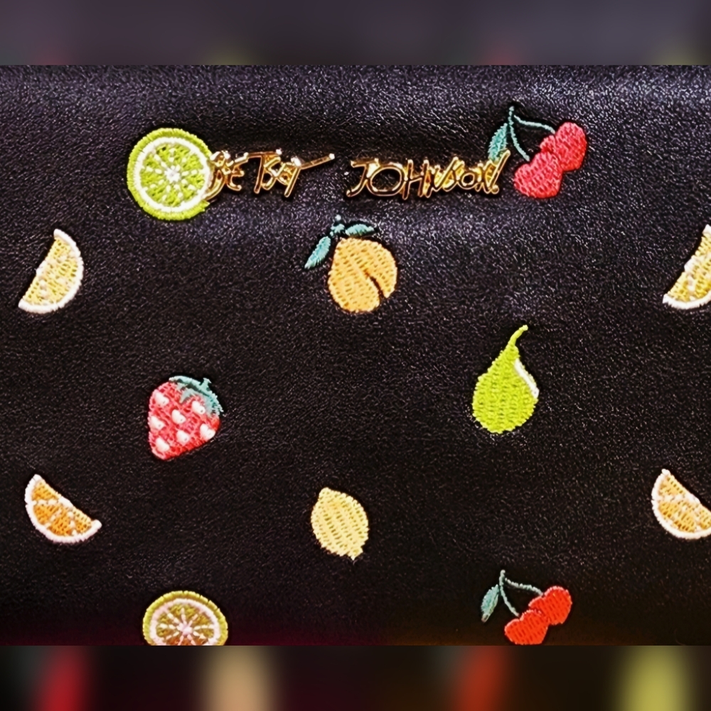 NEW Betsey Johnson Black Fruit Cherry Embroidered Wallet Wristlet Zip Around NWT - Picture 5 of 5
